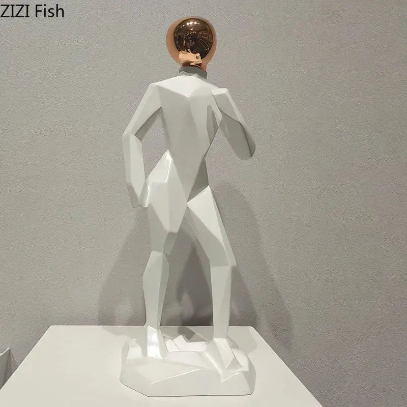 Abstract resin sculpture white geometric figure with reflective rose gold head for modern resin sculpture room decorbites decor