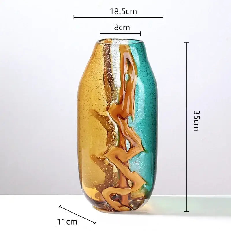 A tall abstract ripple glass vase in amber and teal with swirling golden patterns for living room decorbites decor