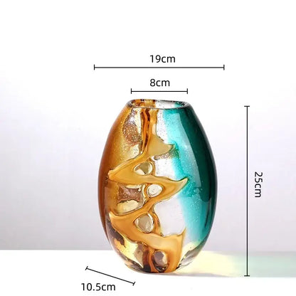 A translucent glass vase with smooth rounded body featuring abstract ripple amber and teal patterns for decorbites decor