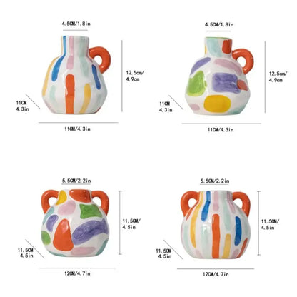 Colorful abstract splatter cartoon ceramic vase teapot with orange handles for living room decorbites cartoon ceramic decor