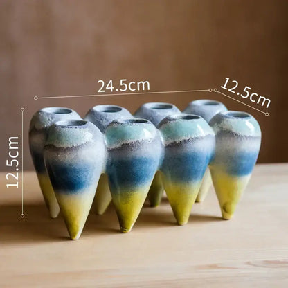 Set of ten ceramic abstract tooth hanging vases with blue to yellow gradient glaze for living room decorbites decor
