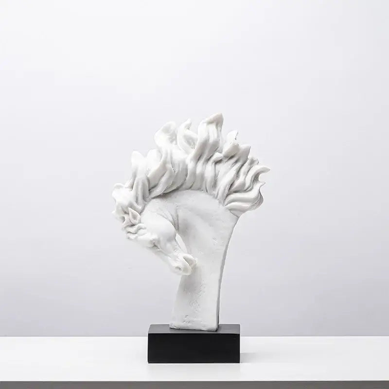 White resin horse head statue with flowing mane on black base for decorbites horse head living room decor