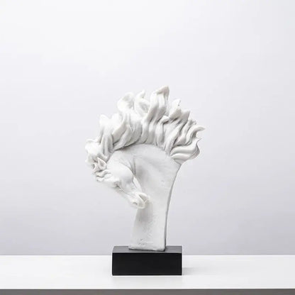 White resin horse head statue with flowing mane on black base for decorbites horse head living room decor