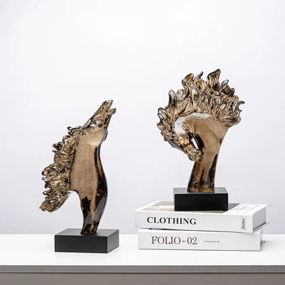 Two glossy bronze horse head statues with flame-like manes on black bases decorbites horse head statue resin decor