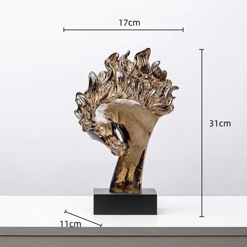Bronze-colored flame-topped horse head statue resin figurine with glossy finish on black base for living room decorbites decor