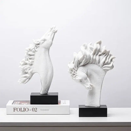 Two white ceramic horse head statues with flowing manes on black bases decorbites horse head resin figurine decor
