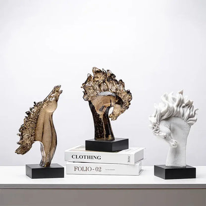 Three abstract horse head statues with unique translucent resin finish on black bases for living room decorbites horse head decor