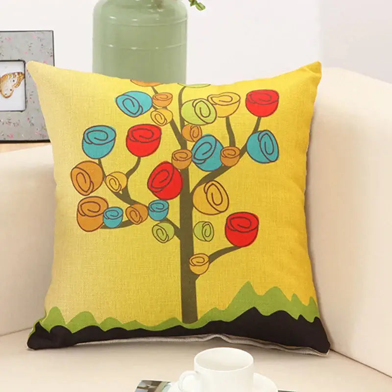 Bright yellow linen pillow cover with colorful abstract tree flower embroidery for living room decorbites abstract tree decor