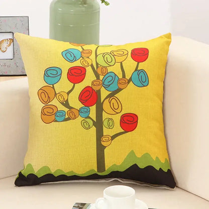 Bright yellow linen pillow cover with colorful abstract tree flower embroidery for living room decorbites abstract tree decor