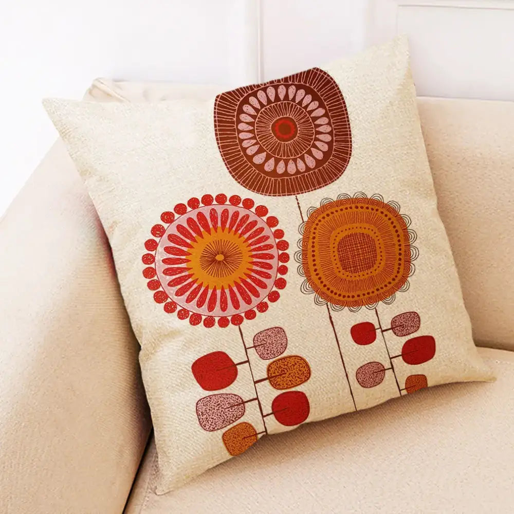 Beige linen pillow cover with retro-style red orange and brown floral pattern for decorbites abstract tree flower decor