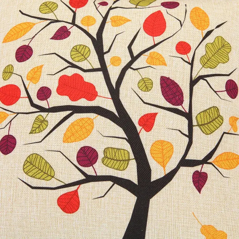Beige linen pillow cover with decorbites abstract tree flower embroidery featuring colorful autumn leaves
