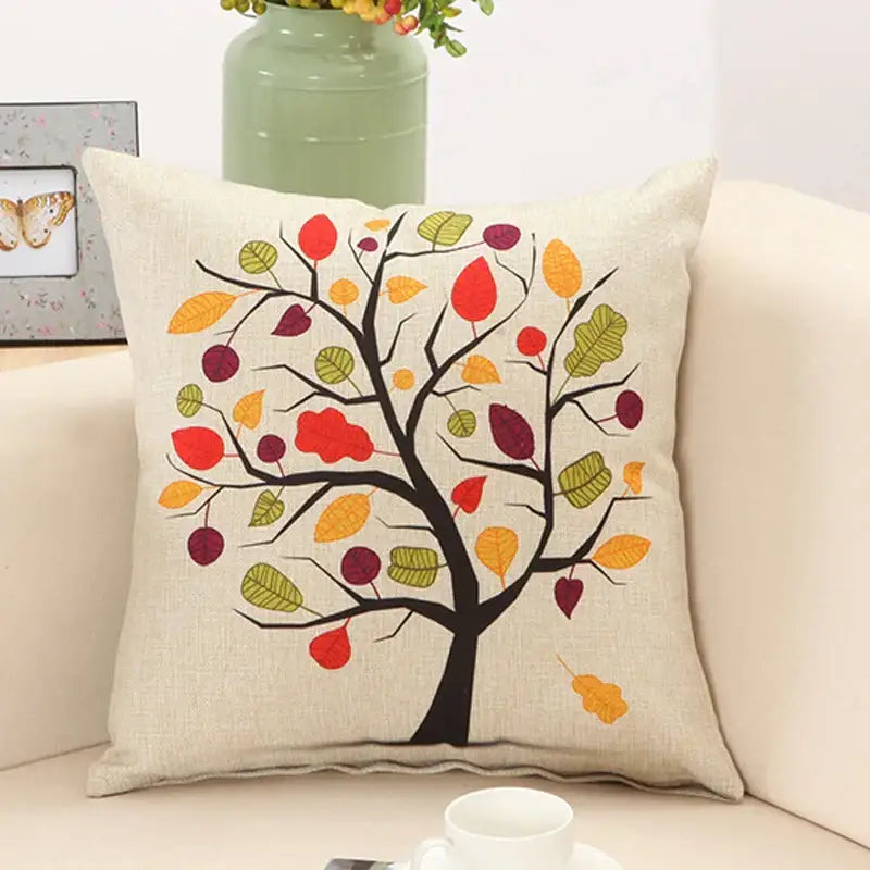 Beige linen pillow cover featuring decorbites abstract tree flower embroidery with colorful autumn leaves for living room decor