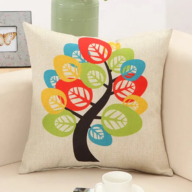 Beige linen pillow cover with vibrant decorbites abstract tree flower embroidered for living room decor