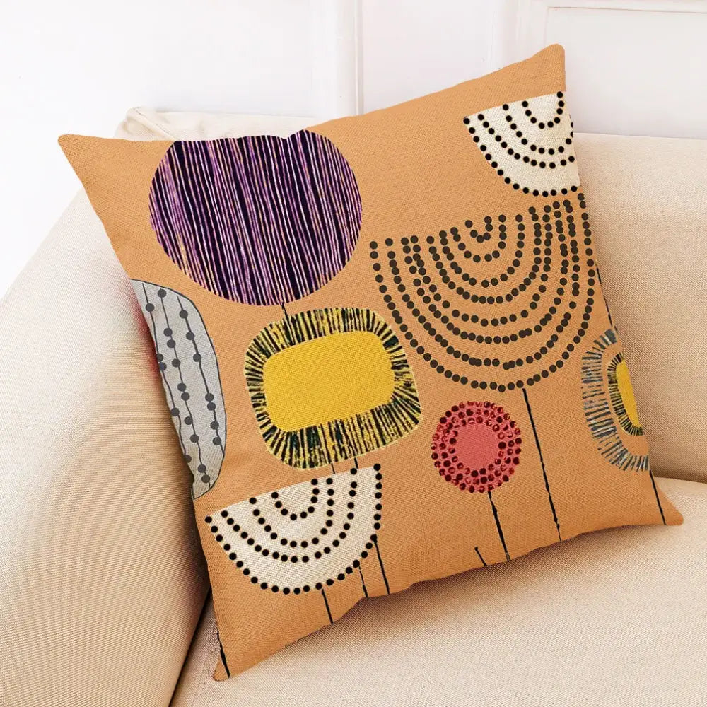Tan linen pillow cover with abstract tree flower embroidery in purple yellow black white and pink for living room decorbites abstract tree