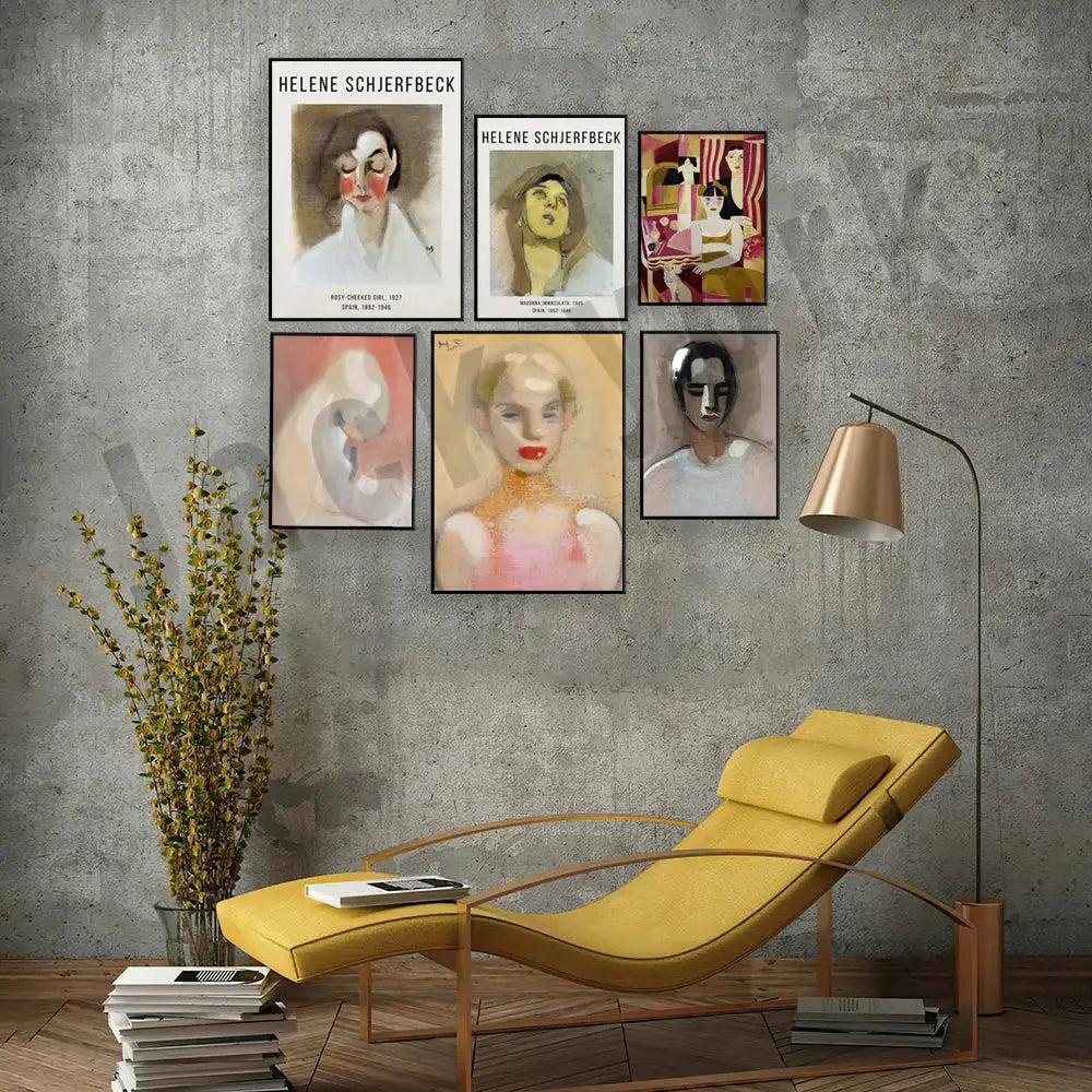 Yellow upholstered chaise lounge with wooden frame in decorbites abstract vintage exhibition poster set living room art prints