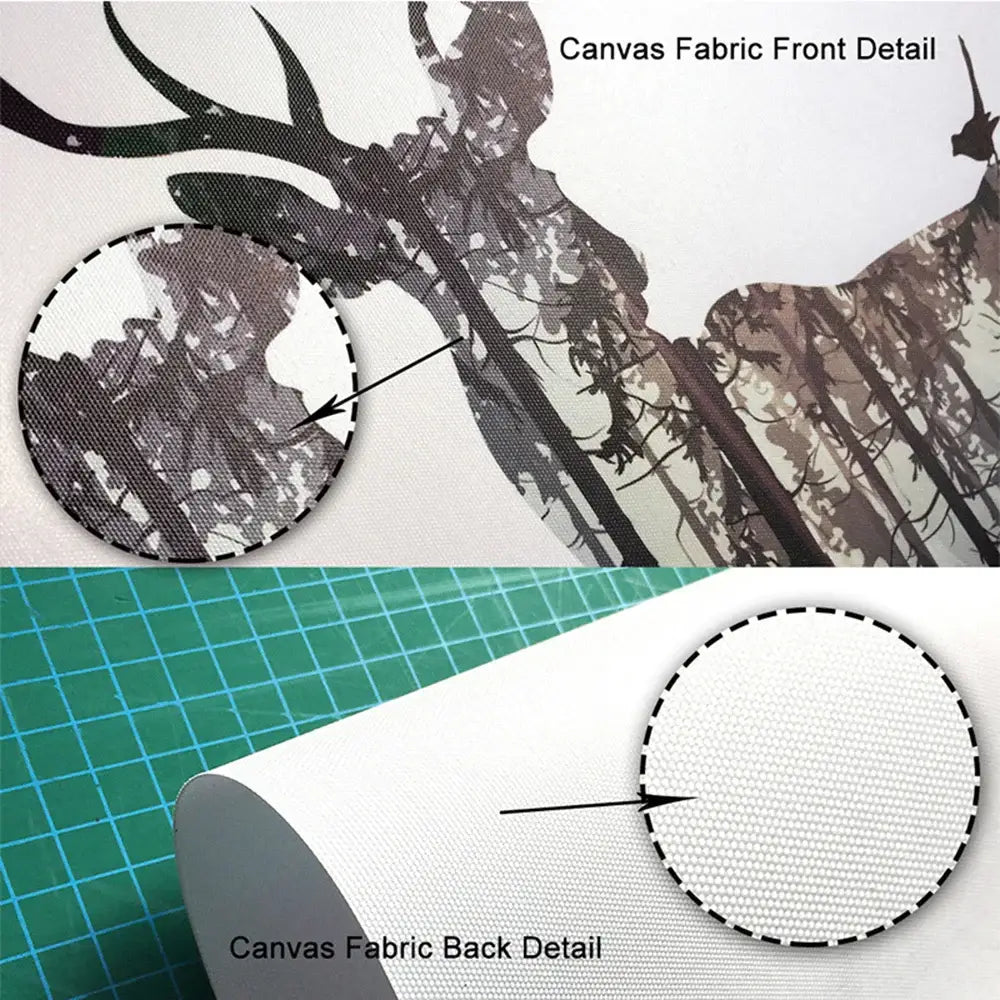 Canvas fabric wall art featuring black and white deer silhouette with textured weave, perfect for abstract green plants decor