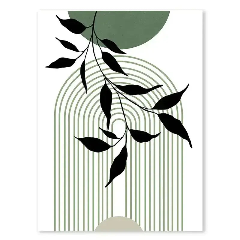 Decorbites™ abstract green plants wall art trio featuring minimalist black leaf silhouettes on olive green abstract green background