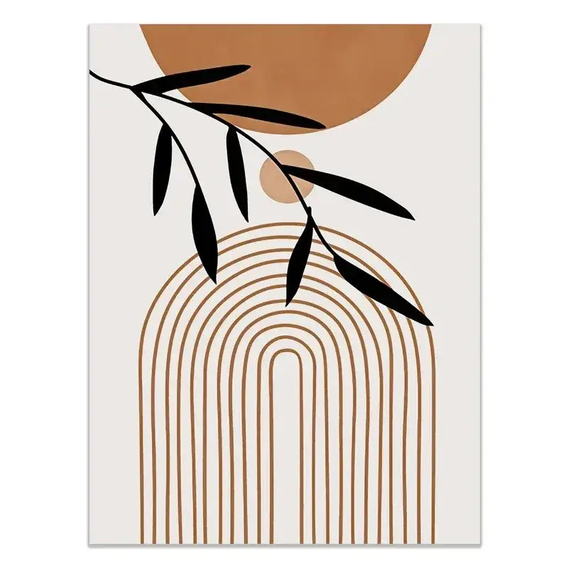 Minimalist abstract green plants art print with black leaf silhouettes and earthy brown shapes for wall decor by DecorBites™