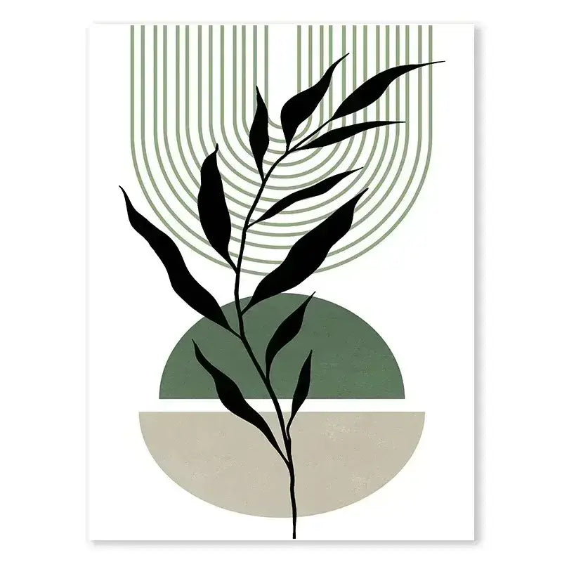 Decorbites™ abstract green plants wall art trio featuring minimalist black leaf silhouettes with muted sage and beige shapes