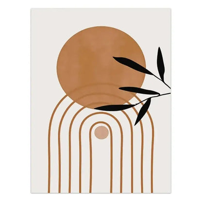 Decorbites™ abstract green plants wall art trio featuring minimalist terracotta sun and black silhouetted leaves