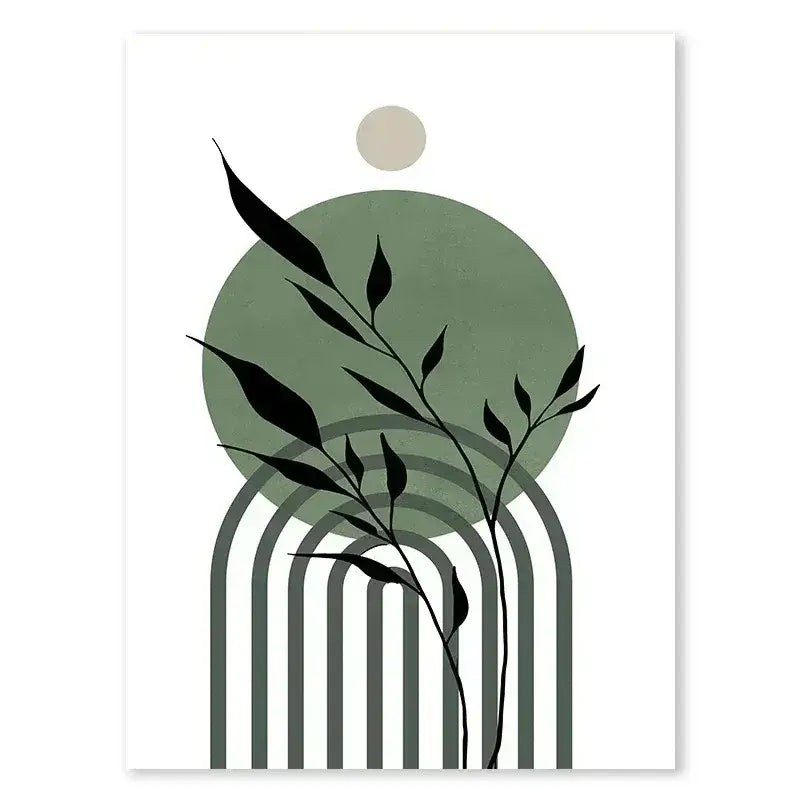 Decorbites™ abstract green plants wall art trio featuring modern black silhouetted leaves on sage green geometric shapes