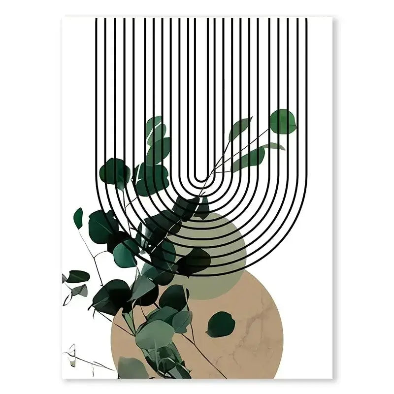 Decorbites™ abstract green plants wall art trio featuring stylized eucalyptus leaves with black and beige shapes