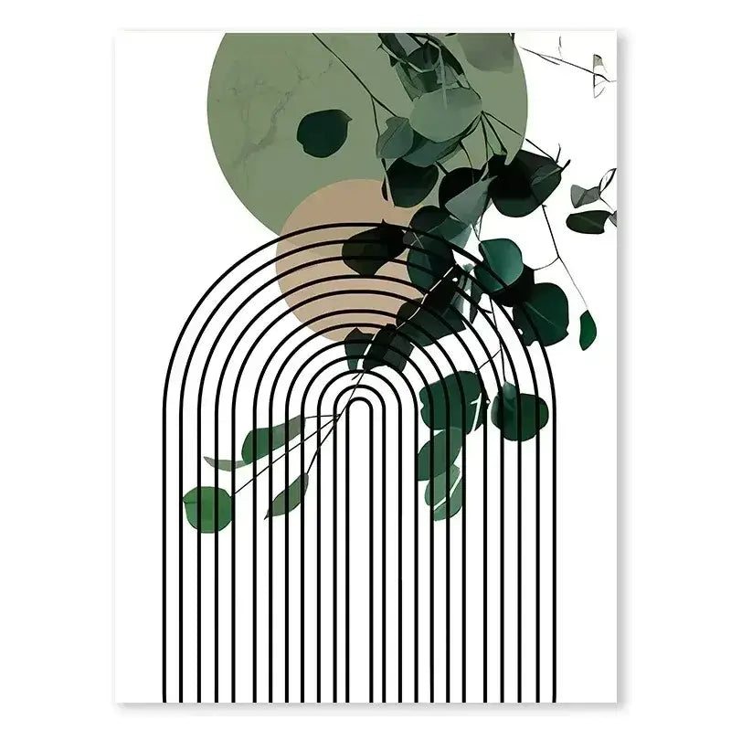 Decorbites™ abstract green plants wall art trio featuring stylized eucalyptus leaves with geometric arches in black olive and beige