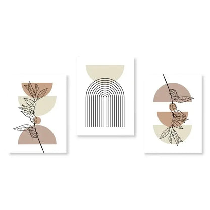 Set of three decorbites™ abstract green plants wall art prints with botanical line drawings in beige and taupe tones on white paper
