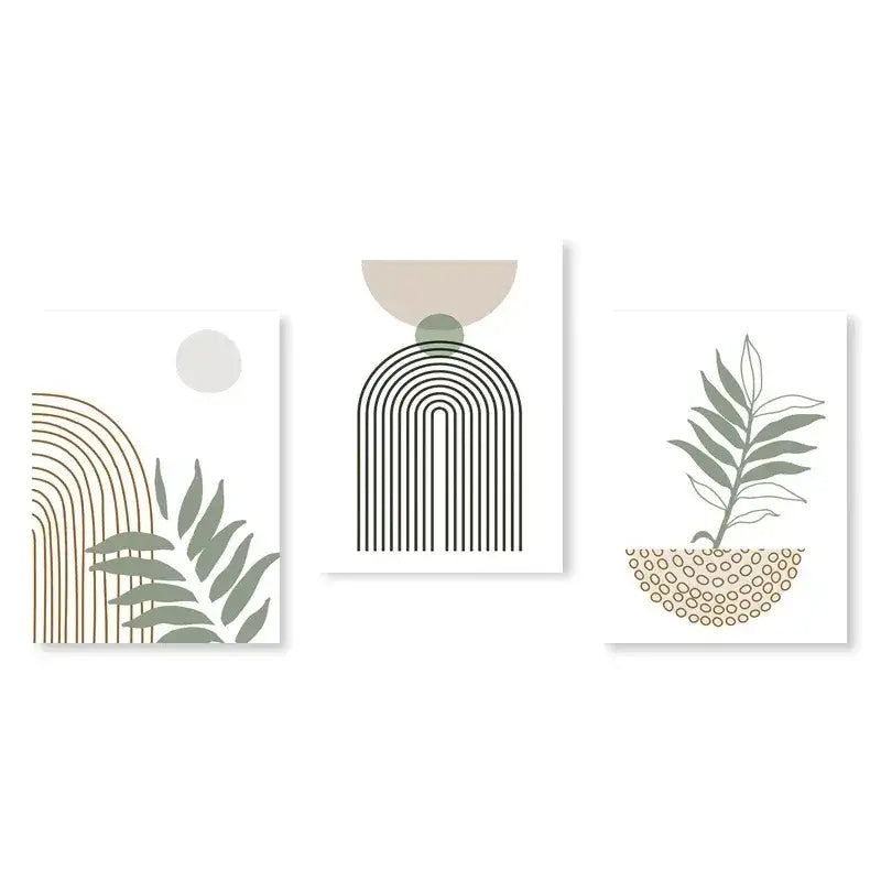 Set of three decorbites™ abstract green plants wall art prints with minimalist botanical and geometric designs on white