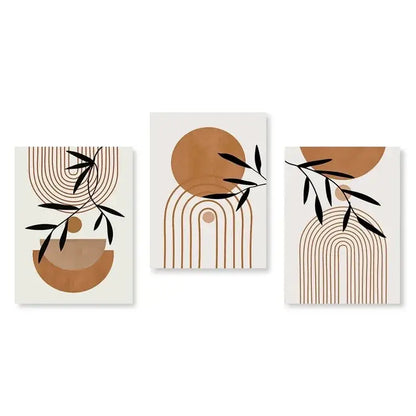 Set of three decorbites™ abstract green plants wall art prints with geometric arches and black leaves in terracotta tones