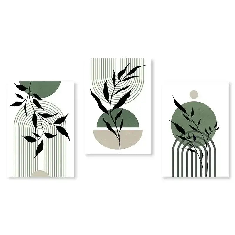 Set of three minimalist botanical art prints by DecorBites featuring abstract green plants with black leaf silhouettes