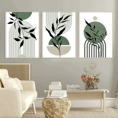 DecorBites™ abstract green plants wall art trio with black leaf silhouettes and geometric green and beige shapes