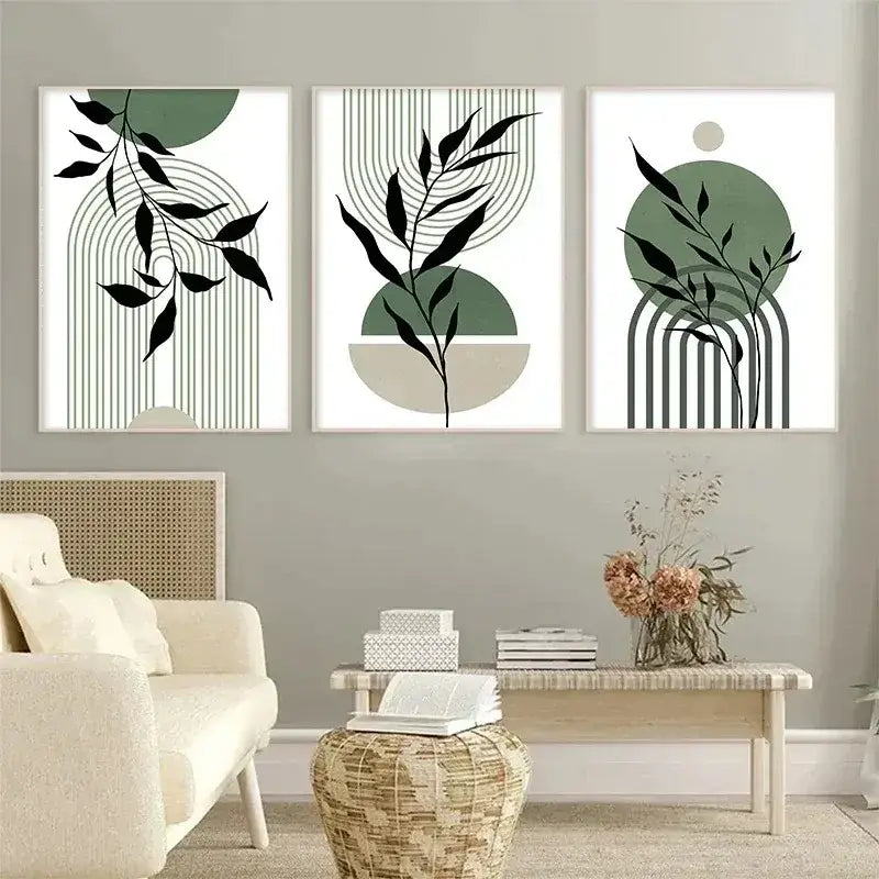 DecorBites™ abstract green plants wall art trio with black leaf silhouettes and geometric green and beige shapes