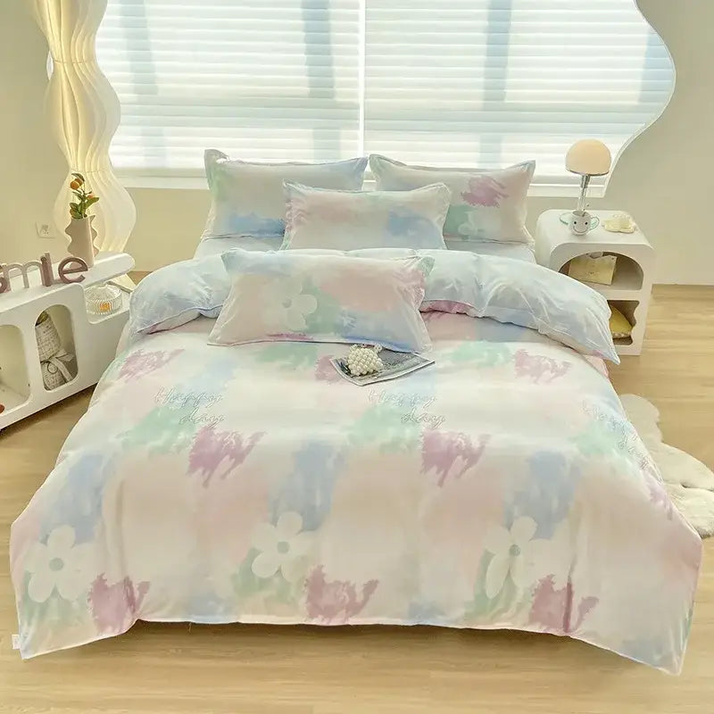 Pastel watercolor duvet cover with decorbites cute pattern in soft cotton fabric featuring pink blue and green hues
