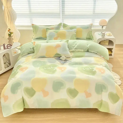 Pastel green and yellow duvet cover with decorbites cute pattern and soft cozy texture for bedroom use