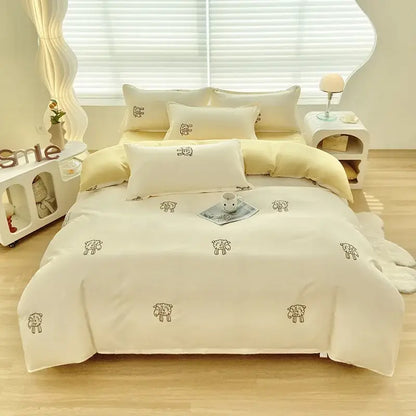 Cream-colored duvet cover set with embroidered sheep motifs featuring decorbites cute pattern for bedroom decor