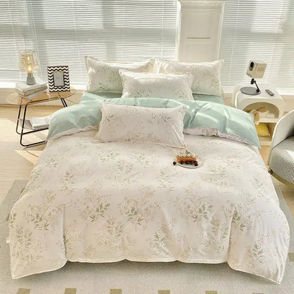 A soft mint green and cream floral duvet cover with delicate botanical prints featuring decorbites cute pattern designs