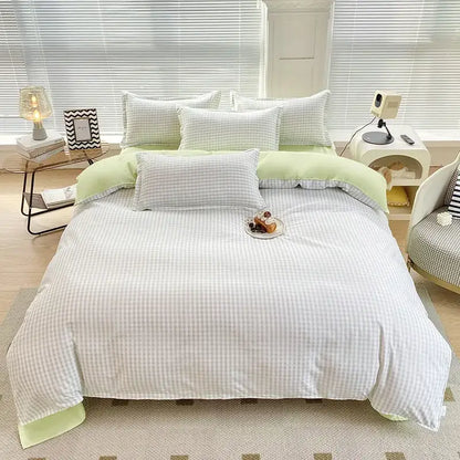 A soft light green and white checkered duvet cover with subtle texture featuring decorbites cute pattern design