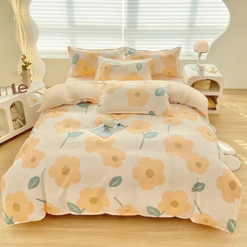 Cream-colored duvet cover with decorbites cute pattern of oversized peach and muted green flowers for bedroom use