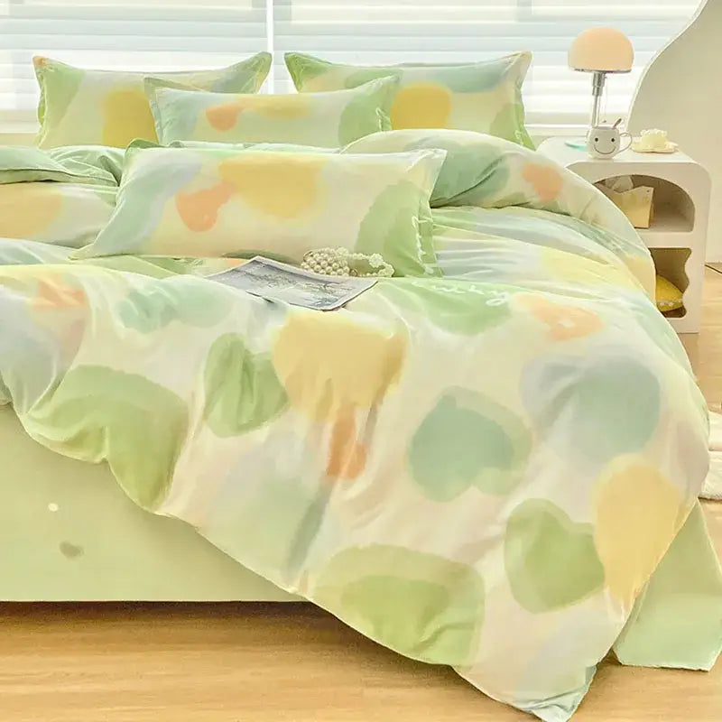 Pastel green and yellow abstract floral duvet cover set with soft satin finish featuring decorbites cute pattern design