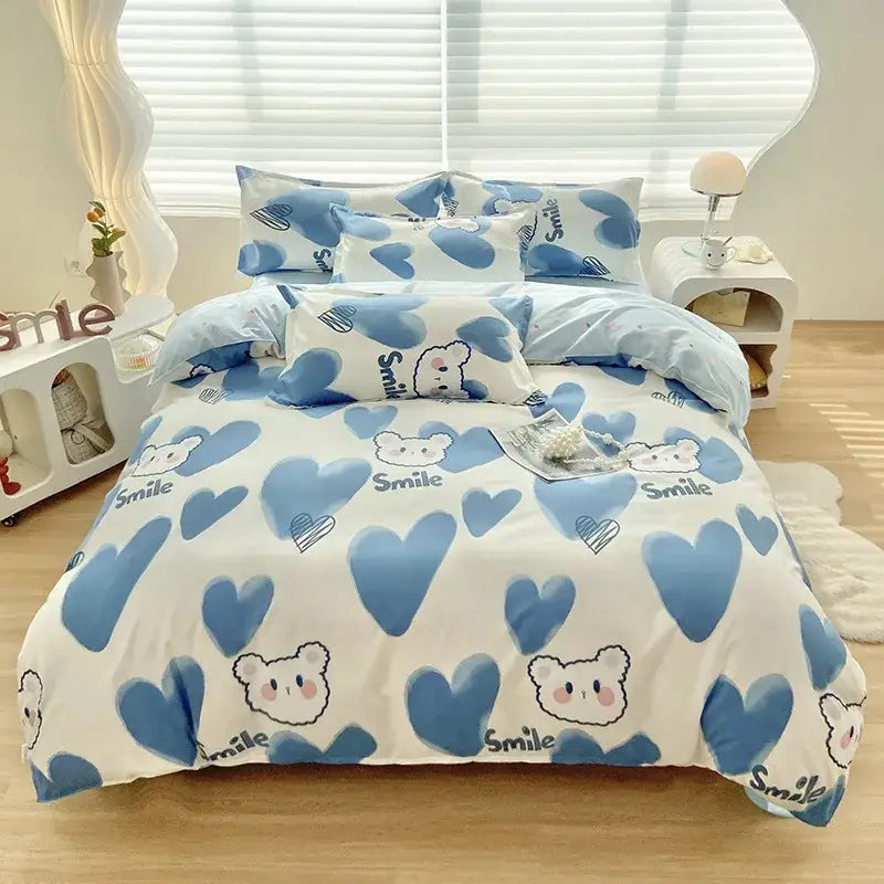 Blue and white heart pattern duvet cover with cute cartoon bears and smile print in decorbites cute pattern set