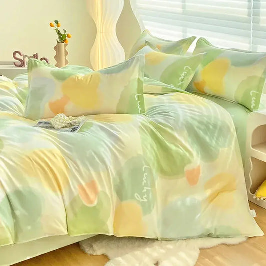 Pastel green and yellow abstract watercolor duvet cover set with decorbites cute pattern and lucky script accents