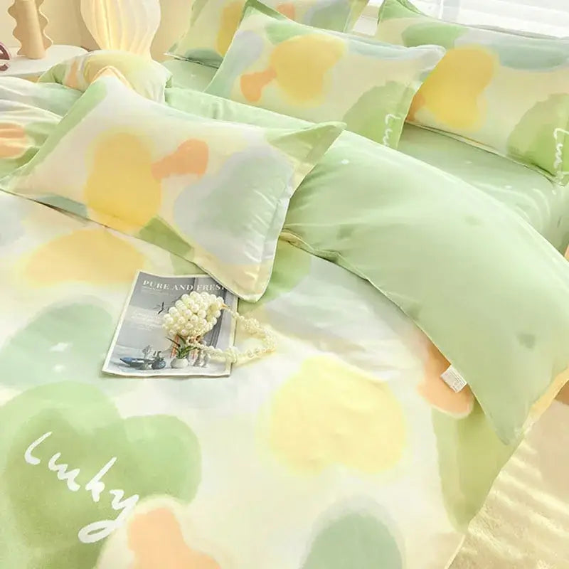 Pastel green and yellow abstract watercolor duvet cover bedroom set featuring decorbites cute pattern design