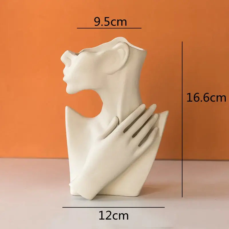 Abstract white ceramic vase portrait ornament featuring a half face woman with hand on collarbone for living room decor