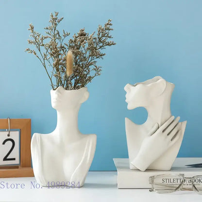 Abstract white ceramic vase portrait ornament shaped like a half face bust with dried flowers for living room decor