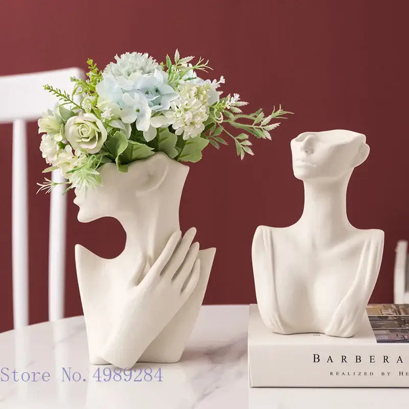 Abstract white ceramic vase portrait ornament shaped like a half face woman holding artificial flowers for living room decor
