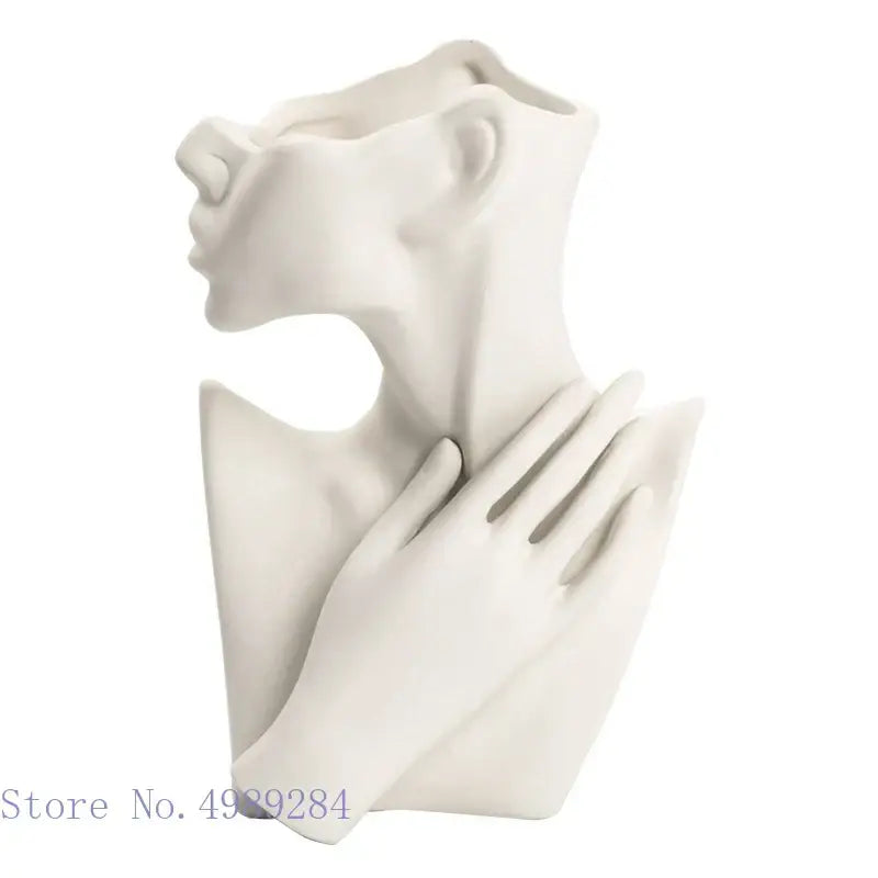 Abstract white ceramic vase portrait ornament featuring a sculpture of a woman’s half face with hands on collarbone