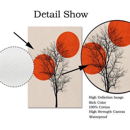 Beige canvas print with a black tree silhouette and vibrant orange circles in nordic style winter morning landscape