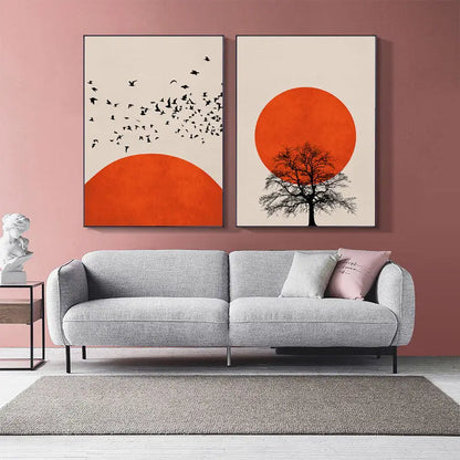 DecorBites™ abstract winter morning landscape canvas print in nordic style featuring black tree silhouette and orange circles