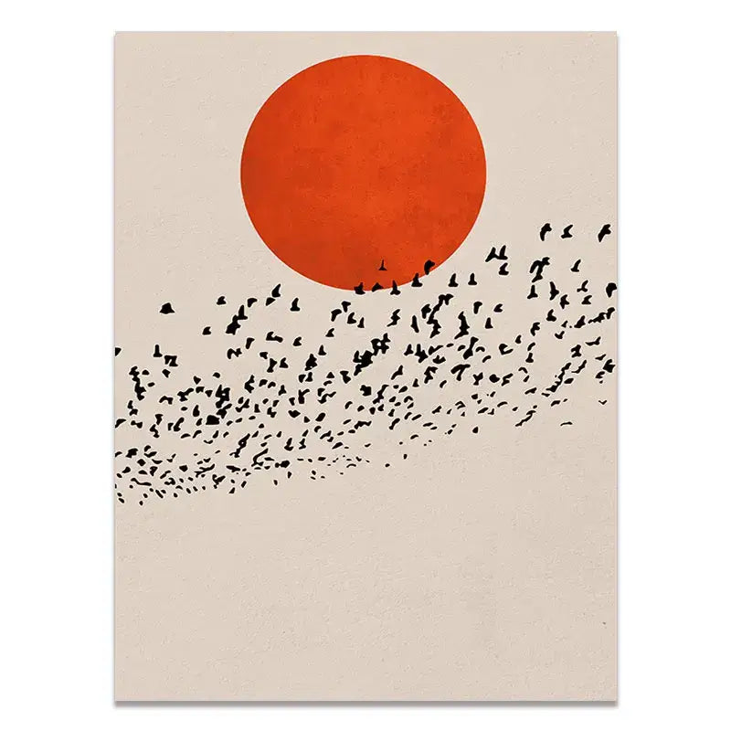 Decorbites™ abstract winter landscape canvas print nordic style with bold orange sun and black bird silhouettes on beige